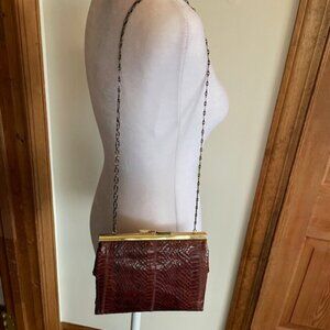 MARGOLM Purse Clutch Handbag 70's Snakeskin Brown Kisslock Shoulder Vintage
